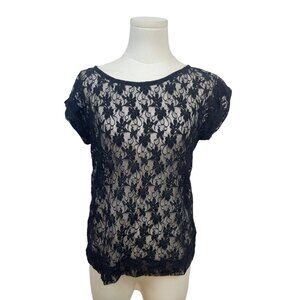 Gap Women’s Black Floral Lace Short Sleeve Top With Back Keyhole Size M